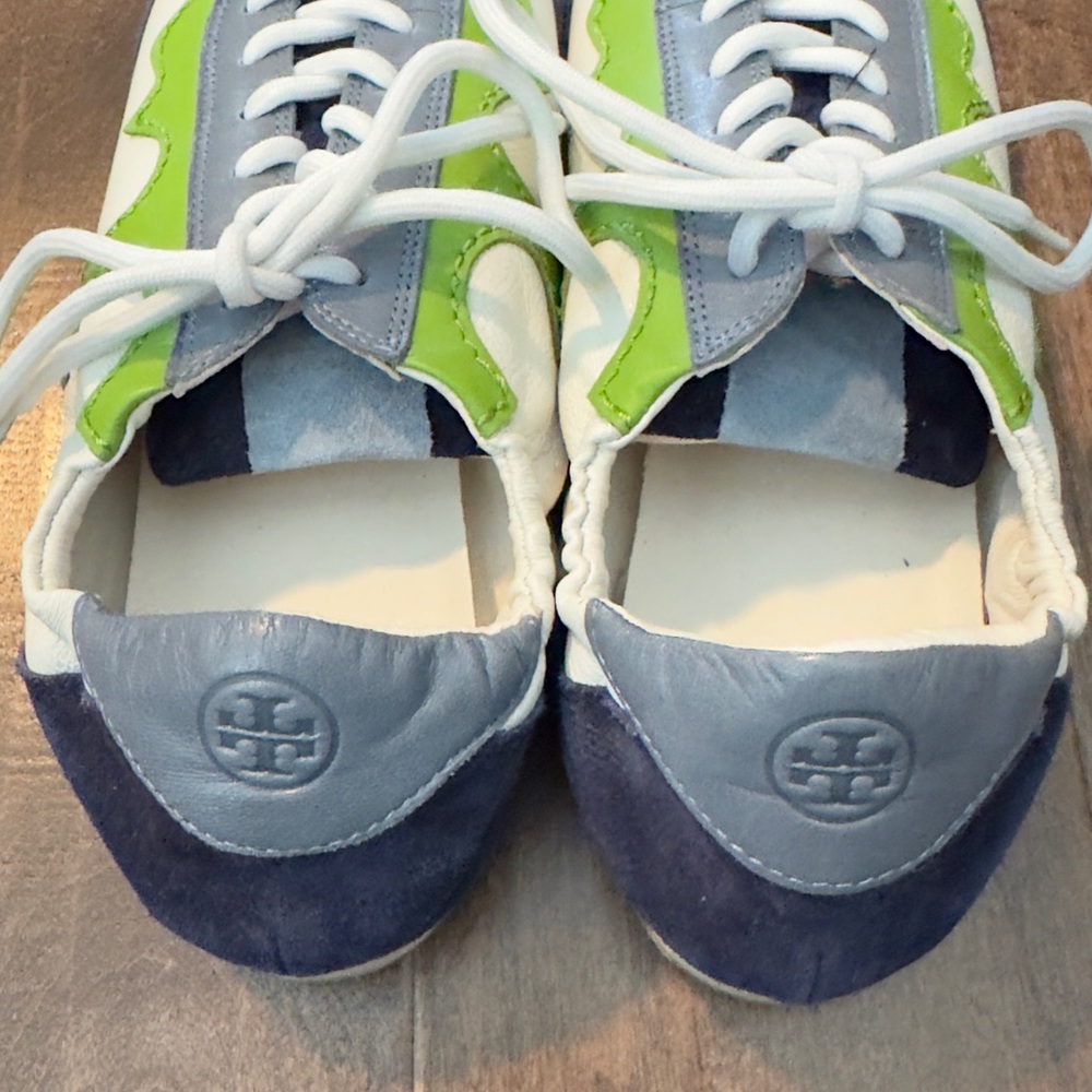 Tory Burch Blue, White and Green Leather Sneakers. Size 9M. New, no box. - Picture 2 of 7